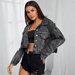 Cropped dark grey washed denim jacket with distressed details and silver buttons