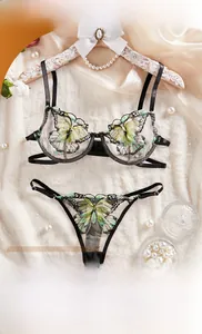 Detail of black mesh lingerie set featuring colorful butterfly embroidery on white faux fur