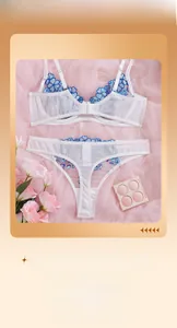 Detailed view of white lace bra set with blue floral embroidery on pink silk background