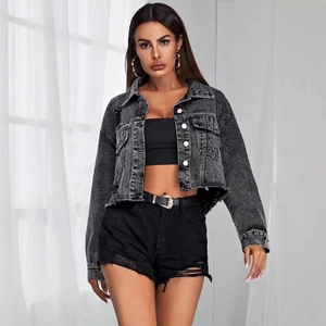 Women's cropped denim jacket in washed charcoal grey with frayed edges and silver buttons