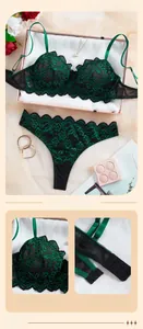 Vue détaillée d'un ensemble soutien-gorge en dentelle vert émeraude avec broderie