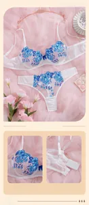 Detail of floral embroidery on white lace lingerie set with blue flower patterns