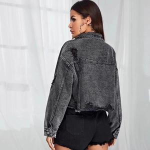 Cropped dark grey washed denim jacket with distressed details and frayed hem for women