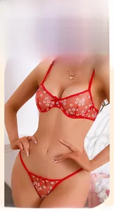 Detailed embroidery on red sheer mesh bra and thong with floral patterns