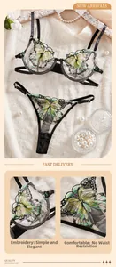 Close-up of elegant butterfly embroidery and lace mesh detail on luxury lingerie set