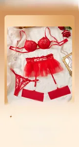 Dettaglio di lingerie in pizzo rosso con motivi a cuore e giarrettiere su peluche