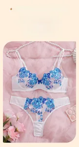 Detail of white lace bra set featuring intricate blue floral embroidery and bow
