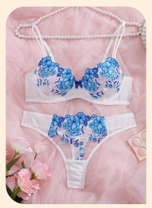 Detail view of white lace bra set featuring blue floral embroidery and a small bow