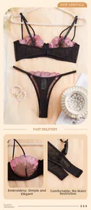 Detailed views of black lace lingerie set with elegant pink floral embroidery and mesh