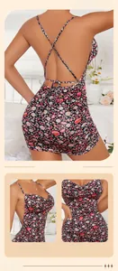 Detail of floral backless mini dress with lace-up cross straps and slim fit design