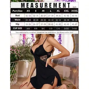 Lace sexy nightgown size guide in inches for women, including measurements for XS to XXXL