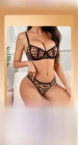 Detail of leopard print mesh lingerie set with underwire cups and sheer lace edges