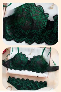 Gros plan détaillé de la lingerie en dentelle vert foncé avec bords festonnés élégants
