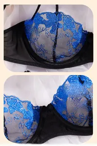 Détails de broderie florale bleue et maille noire transparente sur ce soutien-gorge