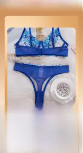 Detail view of royal blue lace bra and thong set with delicate floral embroidery