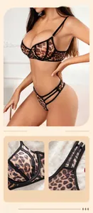 Detail of leopard print mesh lingerie set featuring half-cup bra and strappy thong