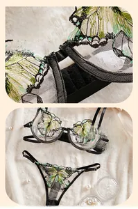 Detailed close-up of mesh lingerie set with floral butterfly embroidery and adjustable straps