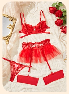 Dettaglio ricamo cuore rosso su set lingerie di pizzo trasparente con reggicalze e gonna