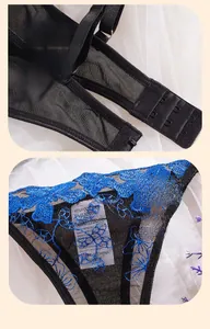 Détail de soutien-gorge en dentelle noire avec broderie florale bleue et agrafage à trois rangs