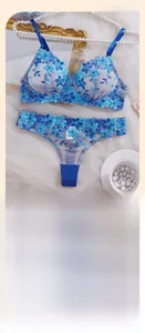 Detailed close-up of blue and white floral lace embroidery on a mesh push-up bra set