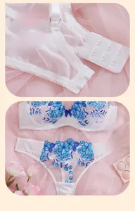 Detailed embroidery view of the white lace bra with blue floral patterns and mesh fabric