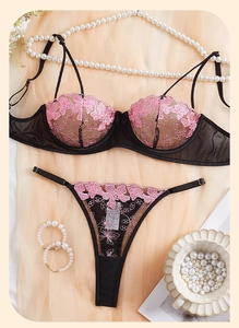 Exquisite black lace bra and thong set with pink floral embroidery and pearl accents