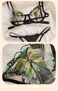 Detail of light green butterfly embroidery on sheer mesh sexy lingerie set with black straps
