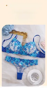 Detailed view of blue floral lace bra and thong set with elegant embroidery textures