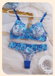 Detail of blue floral embroidery on sheer mesh lace bra with elegant satin straps