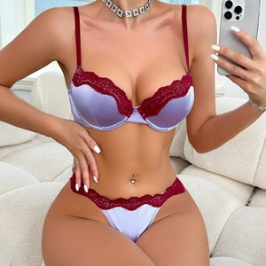 Sexy lilac satin and red lace two-piece lingerie set with underwire push-up bra
