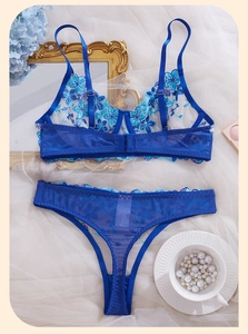 Detailed embroidery on blue lace bra set featuring floral patterns and mesh fabric