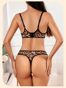 Close-up back view of a sexy leopard print lingerie set with mesh fabric and straps