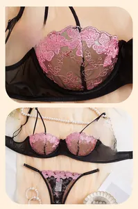Close-up of pink floral embroidery and black mesh fabric on a sexy lace bra set