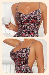 Detail of floral backless bodysuit with thin straps and vibrant small flower patterns