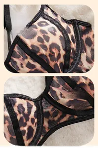 Detail of leopard print lace bra showing steel ring support and breathable mesh fabric