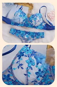 Close-up of blue floral embroidery and white mesh lace on this sexy wired bra set