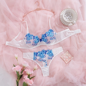 Women's Sexy French Lace Embroidered Top And Bottom Lingerie Set Ultra-Thin Push Up Bra And Thong Romantic Underwear Set