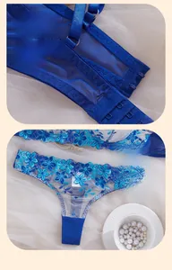 Detailed view of royal blue lace bra back strap and embroidery on sheer mesh fabric