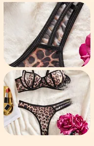 Close-up of leopard print lace lingerie set with underwire bra and matching thong