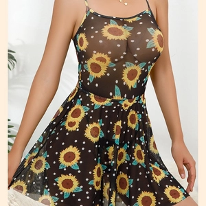 Women Sunflower Polka Dot Print Black Mesh Sheer Spaghetti Strap Backless Sexy Lingerie Sleepwear Babydoll Nightdress
