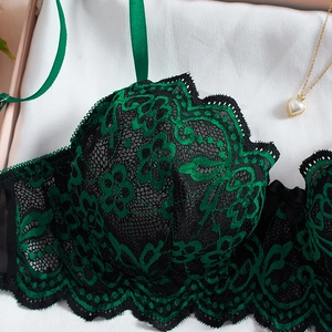 Ensemble soutien-gorge en dentelle florale vert foncé et noir avec nœuds en satin chic