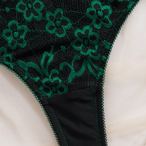Ensemble soutien-gorge en dentelle noire avec broderie florale verte et tulle
