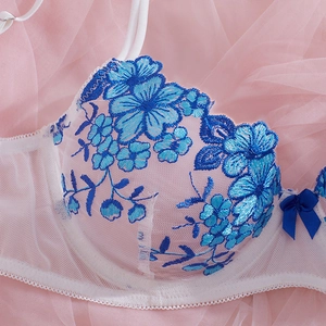 French lace embroidery bra with blue floral patterns on white mesh and satin bow