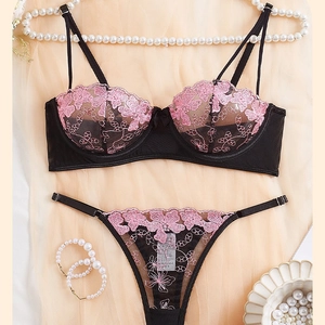Women Sexy Lace Lingerie Bra Top And Bottom Pink Floral Embroidered Mesh Lingerie Transparent Underwear For Dating Party