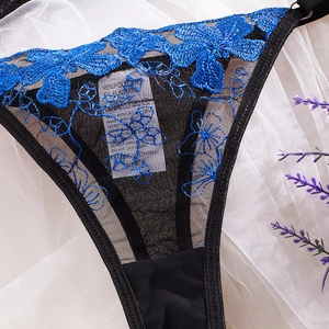 Ensemble de lingerie française avec broderie florale bleue et dentelle noire transparente
