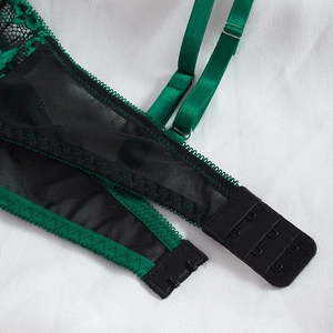 Vue arrière de l'ensemble soutien-gorge en dentelle vert émeraude avec bretelles réglables