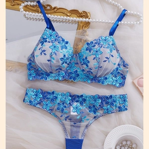 Women Sexy Floral Embroidery Lace Lingerie Set Underwire Push Up Bra And Panty Top And Bottom Intimate Underwear Blue