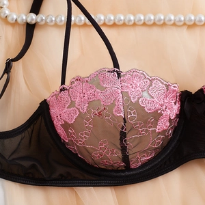 Pink floral lace embroidery on black mesh bra set with pearls decoration