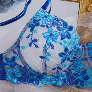 Elegant blue floral embroidery lace bra set with white mesh and satin straps