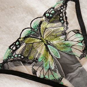 Lingerie set with green and black butterfly embroidery on white mesh fabric details